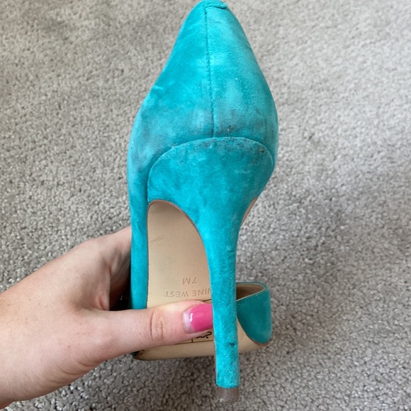 Greenish Blue faux suede peep toe shoe - Picture 3 of 5